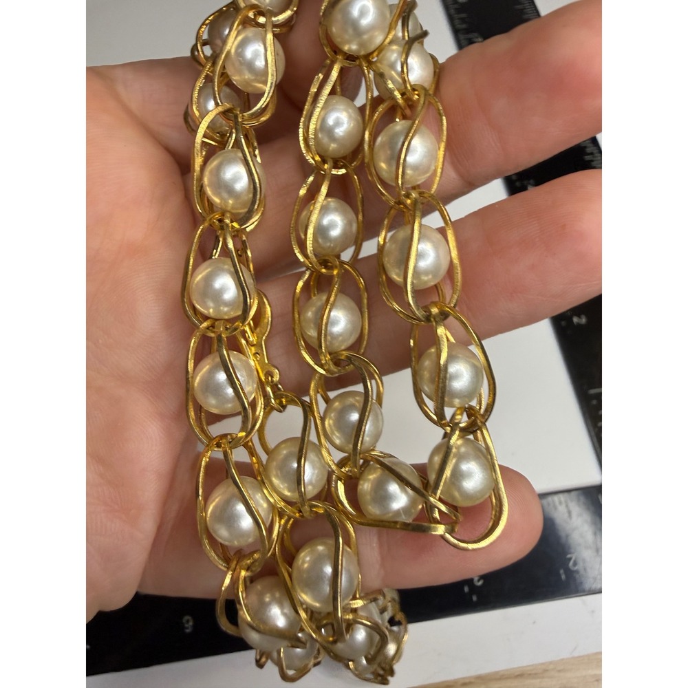 Gold Tone Faux Pearl Cage Link Necklace 32 Inch Long Hook Clasp